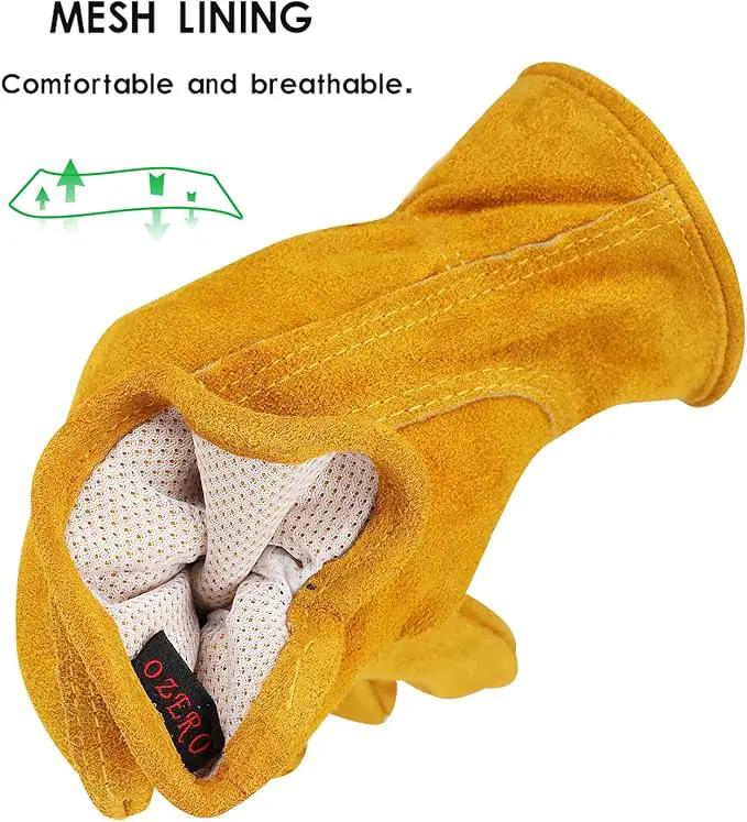 OZERO Leather Work Gloves Flex Grip Tough Cowhide Gardening Glove for Men and Women (Large, Gold With Mesh Linning) by GreenHaven Gardens