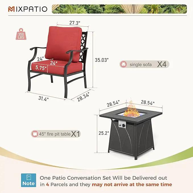 Patio Furniture Set with Fire Pit Table, 5 Pcs Metal Outdoor Conversation Set, 4 Single Chairs with 5.75" Extra Thick Cushion and 28" Fire Pit Table for Backyard Deck, Red by GreenHaven Gardens