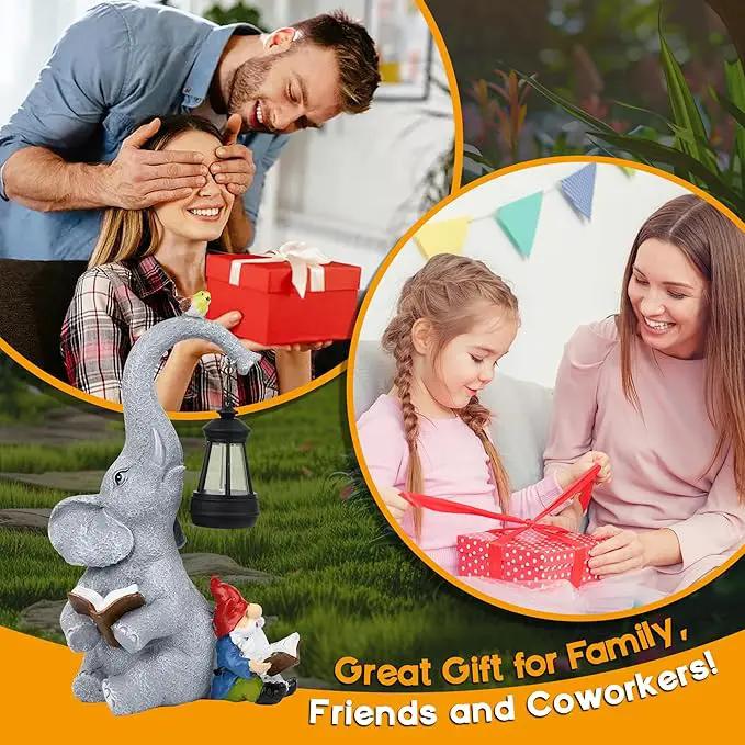 Solar Outdoor Garden Statues Lights, Elephant Figurines with Cute Gnome Garden Sculpture Decor, Luck Elephant Gifts for Woman Mother or Daughter, Unique Housewarming Gifts and Yard Decor by GreenHaven Gardens