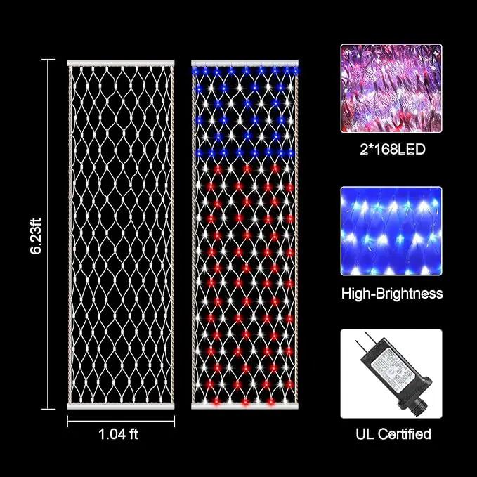 DBFAIRY 2 PCS American Flag Lights, 336 LED 4th of July USA Flag Lights Outdoor with Timer, 8 Modes Red White Blue Banners Lights for Independence Flag Day, Each 6.6Ft (L) x 1.2Ft (W) by GreenHaven Gardens