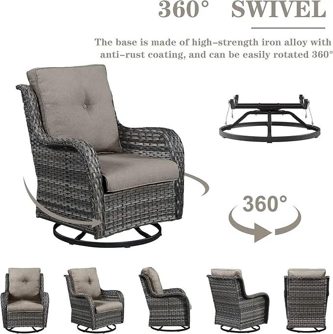 Outdoor Sectional Sofa Furniture Set with Propane Fire Pit Table, Wicker Patio Conversation Set with 2 Swivel Glider Rocker Chairs Grey Cushion Perfect for Backyard Casual Gathering by GreenHaven Gardens