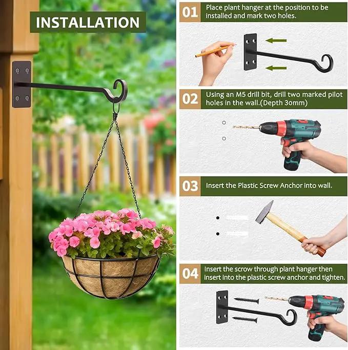 Heavy Duty Plant Hangers Outdoor- Hand-Forged Hanging Plant Brackets - 2 Pack 12 Inch Black Wrought Iron Wall Plant Hooks for Hanging Plants, Lanterns, Bird Feeders by GreenHaven Gardens