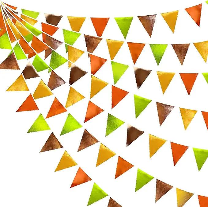 Fall Party Decorations Orange Green Gold Brown Metallic Fabric Triangle Pennant Flag Bunting Banner for Fall Autumn Thanksgiving Wedding Birthday Baby Shower Bridal Shower Engagement Party Supplies by GreenHaven Gardens