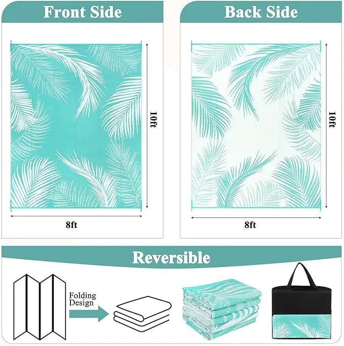 Pauwer Waterproof Outdoor Rug 8x10, Reversible Plastic Straw Patio Camping Rug, Indoor Outdoor RV Mat Carpet for Deck, Camper, Porch, Balcony, Backyard, Picnic, Leaf Light Blue by GreenHaven Gardens