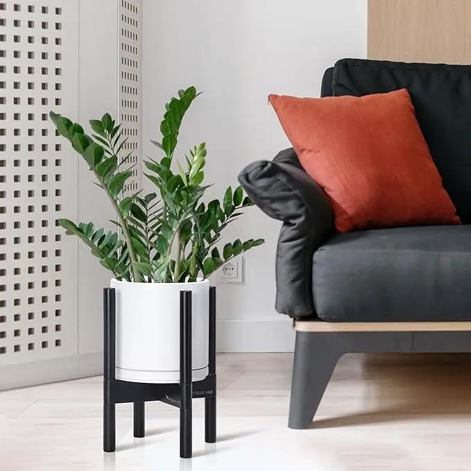 D'vine Dev Ceramic Planter with Ebony Stand - 8 Inch Modern Round Flower Pot with Wood Planter Holder, White, 55-B-M-1 by GreenHaven Gardens
