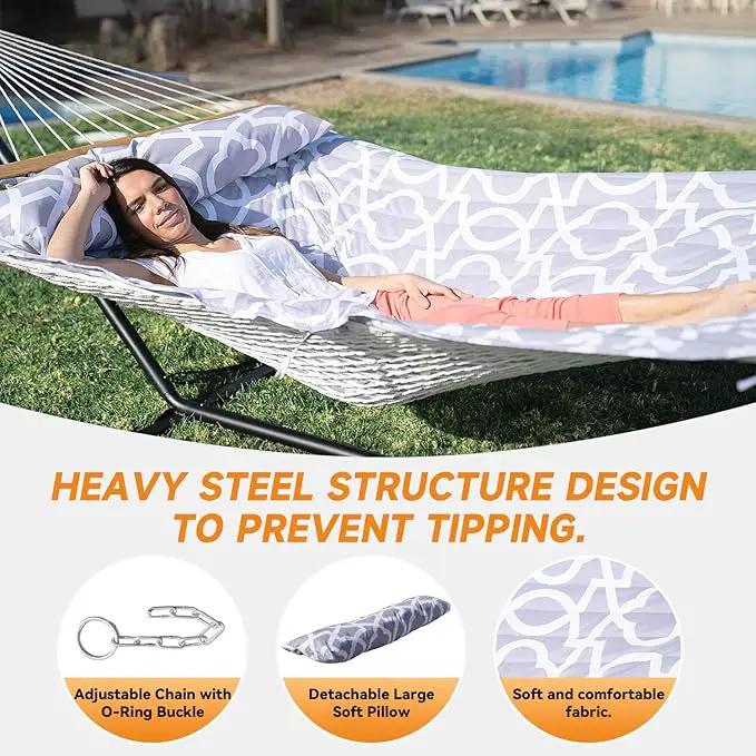 2 Person Outdoor Hammock with Stand, Cotton Rope Hammock with Polyester Pad, Adjustable Steel Frame, Portable with Carrying Bag – for Patio, Backyard, Garden, Beach, Cloud-Gray by GreenHaven Gardens