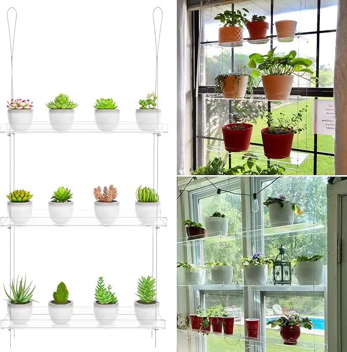 Clear Hanging Window Plant Shelves,2-Pack 3-Tier,Indoor Windows Wall Hanging Plant Stand Flower Display,Flower Pot Organizer Storage for Window Grow Herbs,Microgreens,Succulents,Flower,16-Inch by GreenHaven Gardens