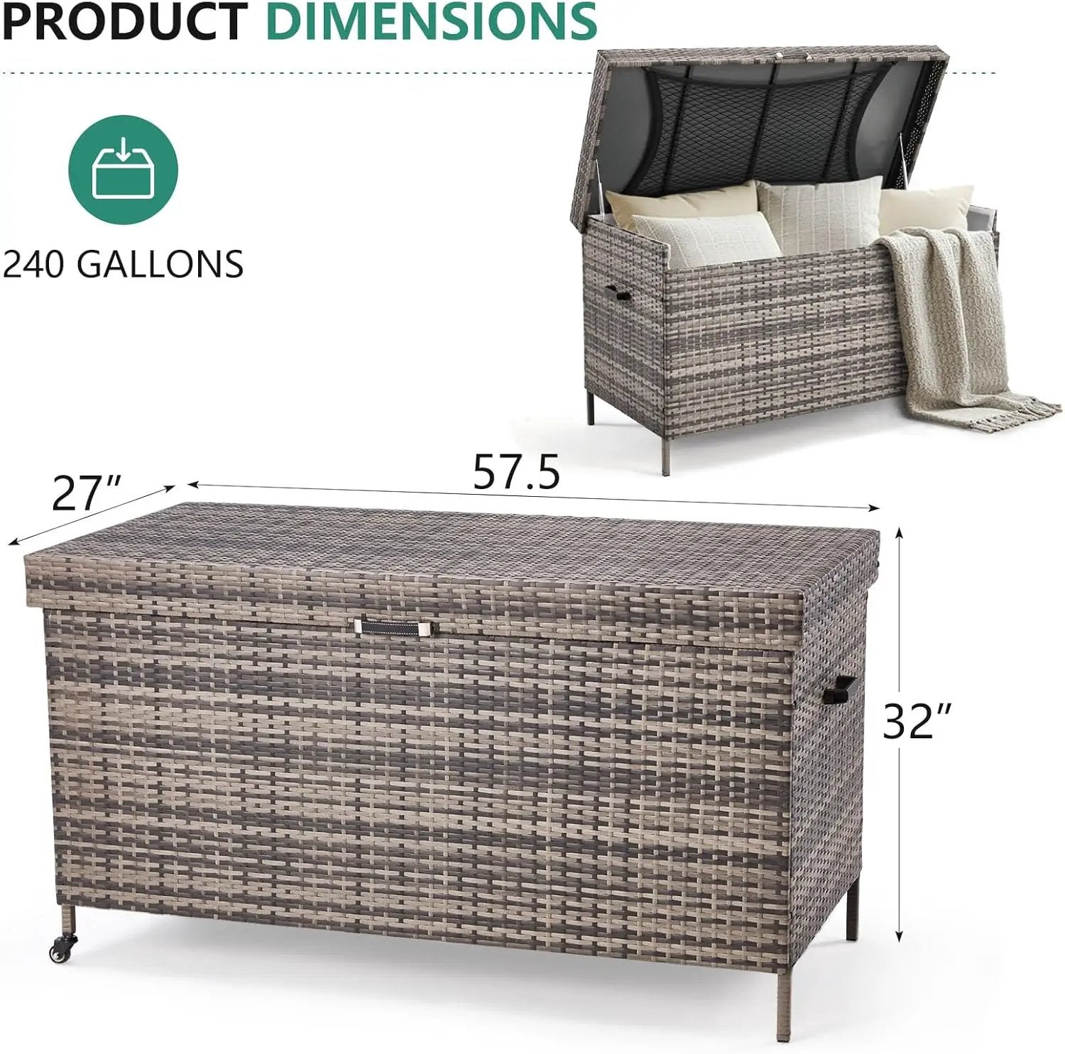 HOMREST Large Deck Box, Outdoor Wicker Storage Container with 240 Gallon, Patio Rattan Furniture for Garden Tools, Pillows, Pool, Brown by GreenHaven Gardens