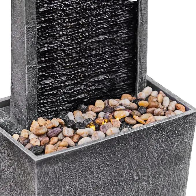 Teamson Home 38.5" Faux Slate Contemporary Outdoor LED Waterfall Fountain with Pebble Base, Gray/Black by GreenHaven Gardens