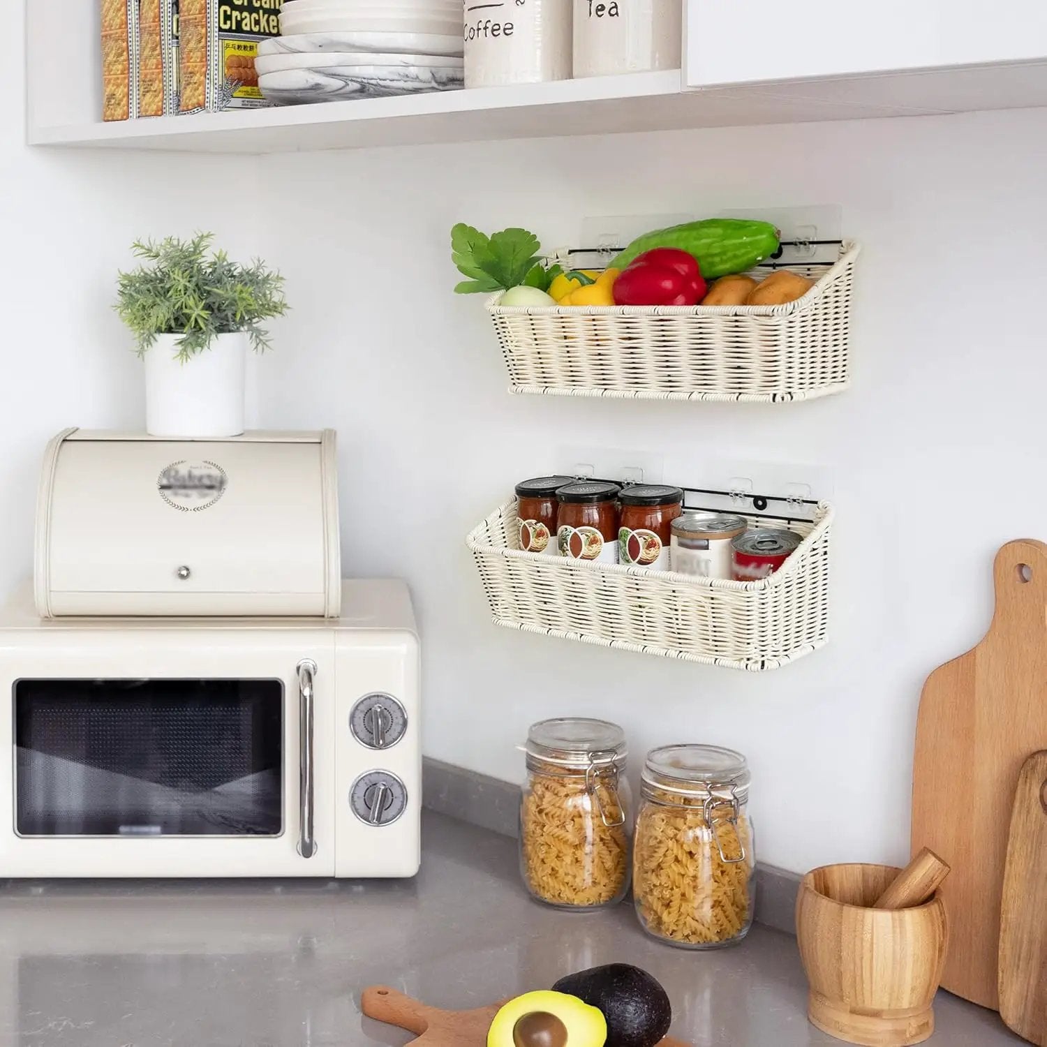 GRANNY SAYS Wicker Hanging Basket, 2 Pack Storage Baskets for Organizing, Adhesive Wall Mount Fruit Basket, Kitchen Organization Hanging Shelves, Storage Cabinet Door Organizer, Off White by GreenHaven Gardens
