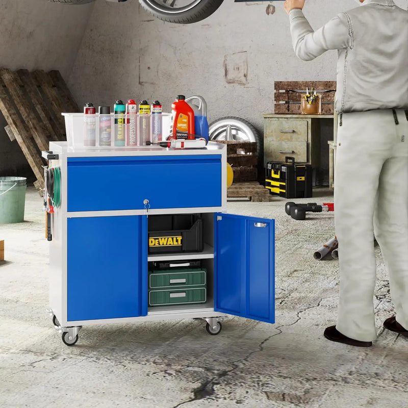 Metal Storage Cabinet on Wheels with 1 Drawer, Rolling Steel Garage Tools Cabinet with Side Pegboard &4 Hooks & 1 Adjustable Shelf for Garage,Shop,Home, Blue/Gray, Assembly Required by GreenHaven Gardens