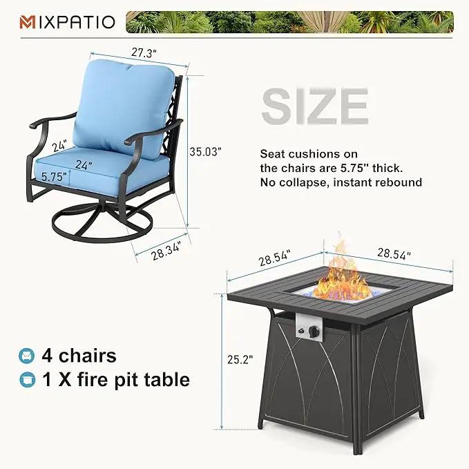 Patio Furniture Set with Fire Pit Table, 5 Pcs Metal Outdoor Conversation Set, 4 Swivel Chairs with 5.75" Extra Thick Cushion and 28" Fire Pit Table for Backyard Deck, Blue by GreenHaven Gardens