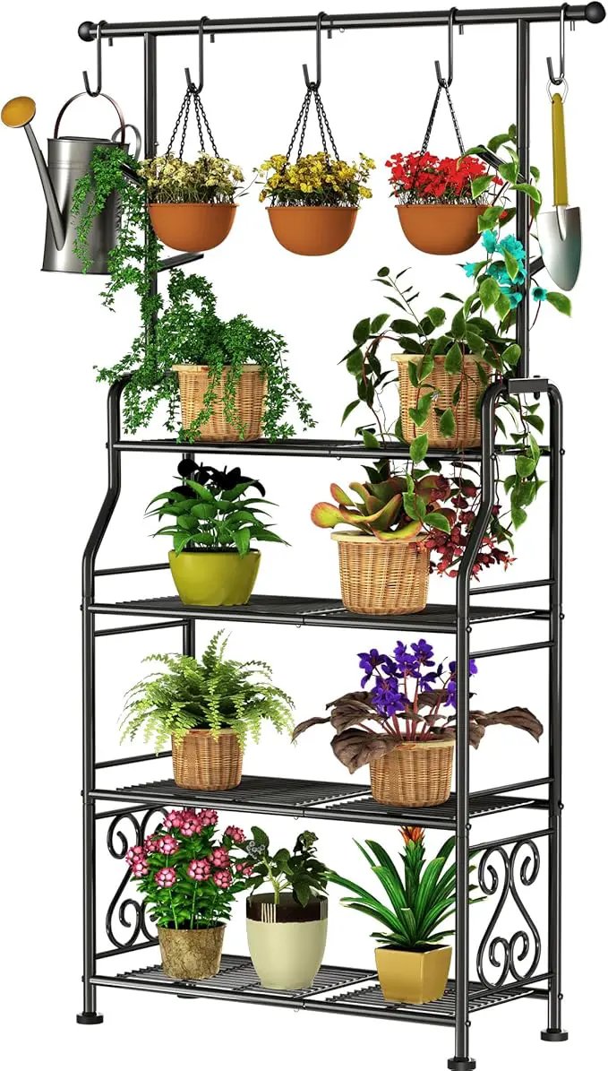 GIOTORENT Plant Stand Indoor Outdoor, 4-Tier Heavy Duty Metal Shelves, Display up to 17 Multiple Plants, Tall Plant Holder with Plant Hanger, Suit for Patio Living Room Garden Balcony, 5 Hooks, Black by GreenHaven Gardens
