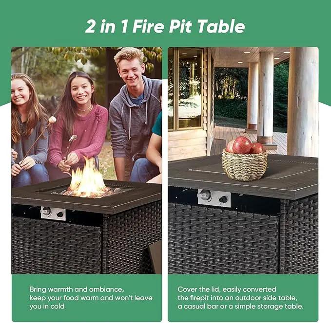 5 Pieces Patio Wicker Furniture Set - 4 Outdoor Swivel Rocker Glider Chairs with 50000BTU Propane Fire Pit Table, Warm Patio Conversation Set Red Cushion Perfect for Casual Gathering by GreenHaven Gardens