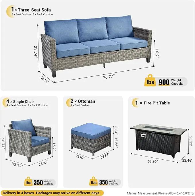 ovios 8 Pieces Patio Furniture Set with 54" Fire Pit Table, Outdoor Wicker Sofa with Comfy Cushions, All Weather High Back Rattan Couch Conversation Set, Denim Blue by GreenHaven Gardens