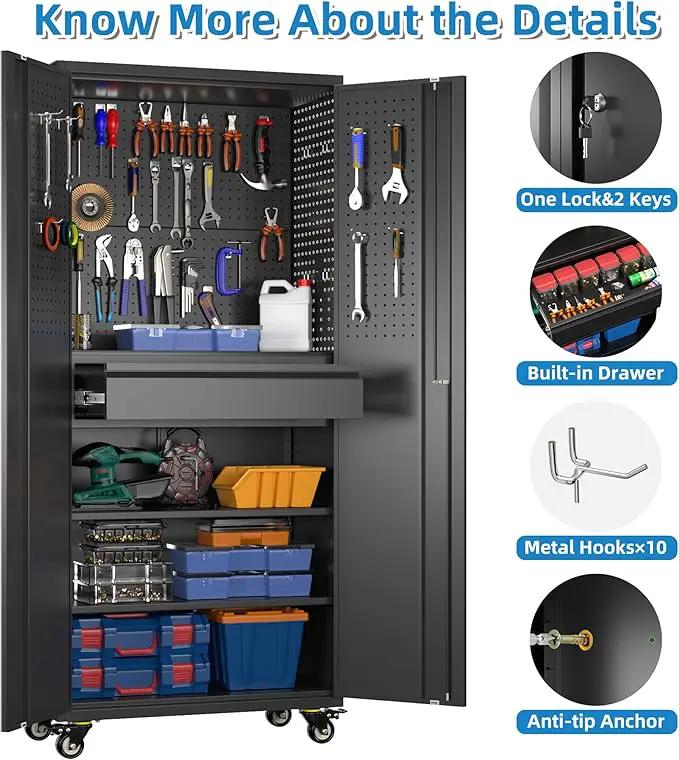 Metal Garage Cabinet with Wheels,71''H Rolling Lockable Steel Tool Cabinet with Pegboard & 1 Drawer for Garage,Home,Office Assembly Required,Black/Red by GreenHaven Gardens
