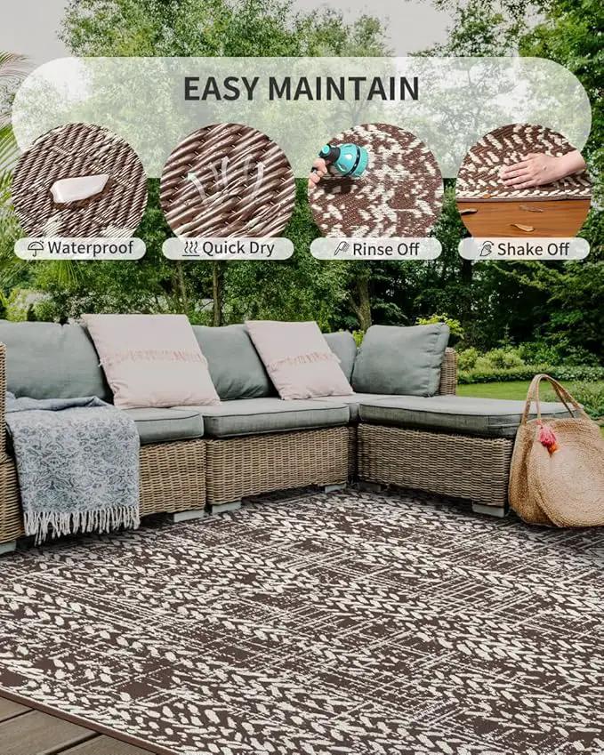 MontVoo Outdoor Rug Waterproof-Patio Rug Mat 5x8 Outdoor Carpet Reversible RV Camping Picnic Plastic Straw Rug Outside Outdoor Area Rug for Balcony Deck Backyard Patio Decor Boho Modern-Brown by GreenHaven Gardens