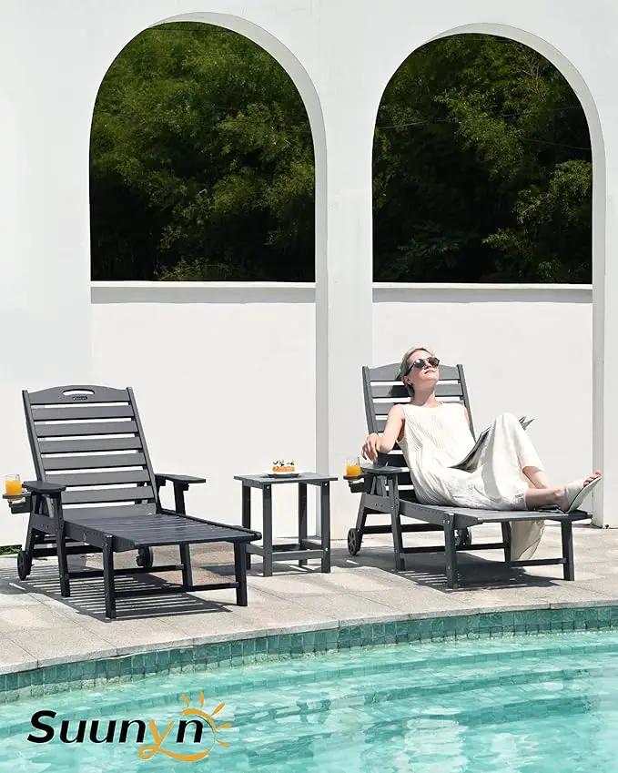 Lounge Chair Outdoor Set of 2, HDPE Chaise Lounge Outdoor with 6-Position & Wheels &Cup Holder, Pool Lounge Chair for Pool Poolside Deck Backyard Patio, Grey by GreenHaven Gardens