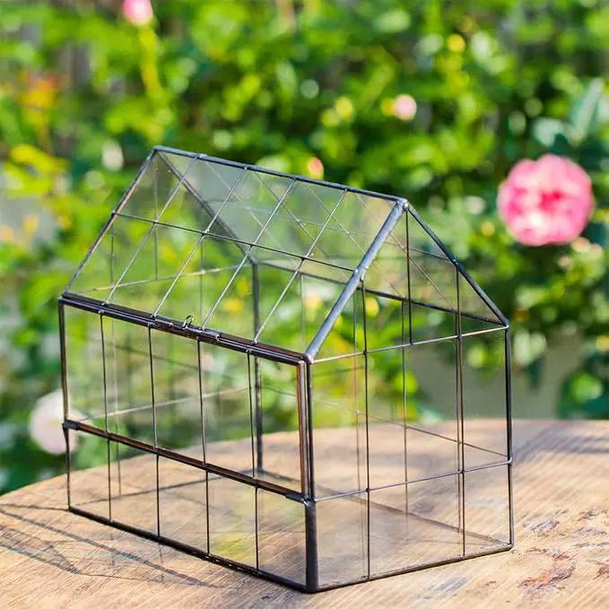 NCYP Geometric Glass Terrarium with Front Opening Door, House Shape Closed Micro Landscape Planter Box for Small Succulent, Cacti - Home Indoor Tabletop Decor, Handmade, Black (No Plants) by GreenHaven Gardens