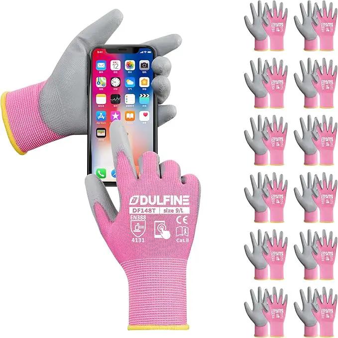 DULFINE Work Gloves for Men PU Coated 12 Pairs Bulk Pack,Pink Seamless Knit Glove with thin Polyurethane,Two Finger Touchscreen, for Men and Women, Ideal for Light Duty Work. (Medium) by GreenHaven Gardens
