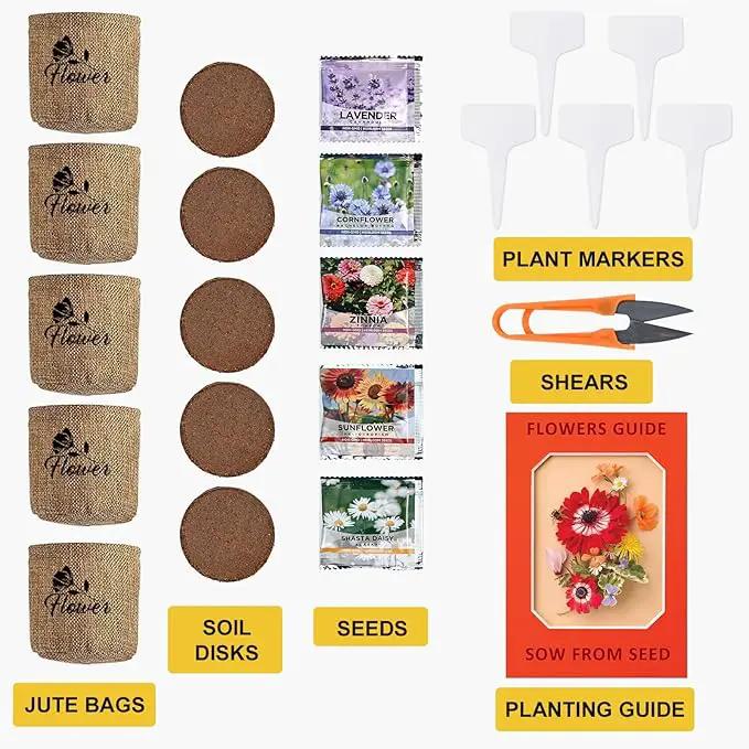 Indoor Daisy Garden Starter Kit with Gardening Tools - Jute Bags, Markers, Soil Disks and Shears, Home Gardening Gifts for Women Men Plant Lovers by GreenHaven Gardens