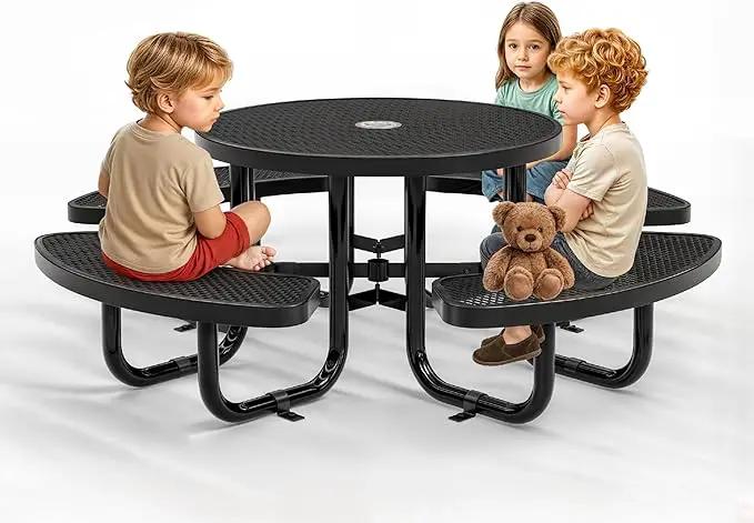 Metal Picnic Tables for Kids for Outdoors with Umbrella Hole - Coated Steel Heavy Duty Commercial Grade Table with Adjustable Seats (Black, 38 in, Kids, Expanded Steel) by GreenHaven Gardens