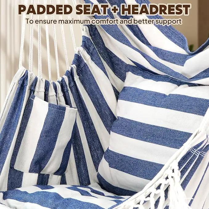 Chihee Hammock Chair Hanging Chair with Foot Rest 2 Cushions Max 500lbs Robust Metal Spreader Bar Collapsible Easy Storage Soft Cotton Swing Chair Strong Strap Iron Carabiner Side Pocket Included by GreenHaven Gardens