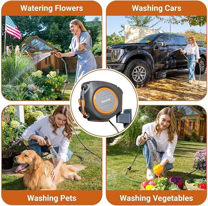 Ruvup Retractable Garden Hose Reel,1/2in x 150ft Water Hose Reel with Metal Bracket, UV Resistant Automatic Hose Reel Wall Mount for Outside, Slow Retraction Any Length Lock 10 Spray Nozzle by GreenHaven Gardens