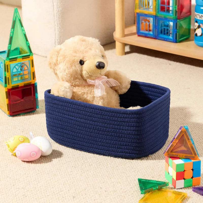 Small Storage Baskets for Organizing | Closet Organizer Bins | Shelf Toy Basket | Woven Rope Baskets | Cube Decorative Box | Shallow Basket | 11.5x7.5x4.7” | 3 Packs Navy Blue by GreenHaven Gardens