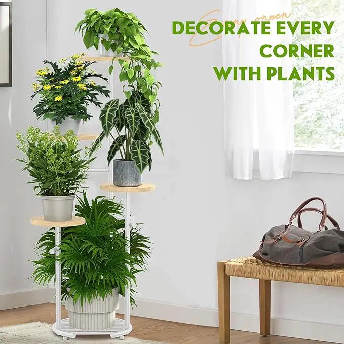 TOSKING 5 Tier Metal Plant Stand Indoor， Plant Shelf, Corner Shelf Flower Pot Stand for Outdoor Plant Stand for Living Room Balcony Garden Patio Bedroom (White and Wood, 42in) by GreenHaven Gardens