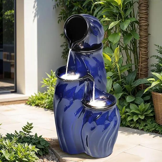 29" Tall Ceramic Water Fountain Outdoor with LED Lights, 4-Tier Cascading Waterfall Garden Fountain, Ideal for Serene Relaxing Patio, Yard or Porch, Cobalt Blue Glaze, Dynamic Wave-Texture by GreenHaven Gardens