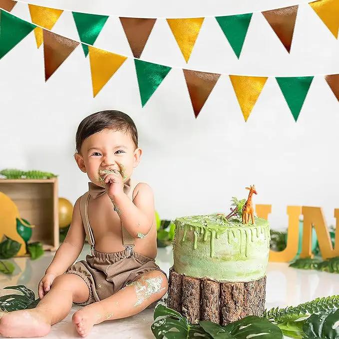 Green Gold Brown Metallic Fabric Triangle Pennant Banner Flag Bunting Garland for Football Jungle Safari Wild Woodland Birthday Baby Shower Wedding Bachelorette Graduations Party Decorations Supplies by GreenHaven Gardens