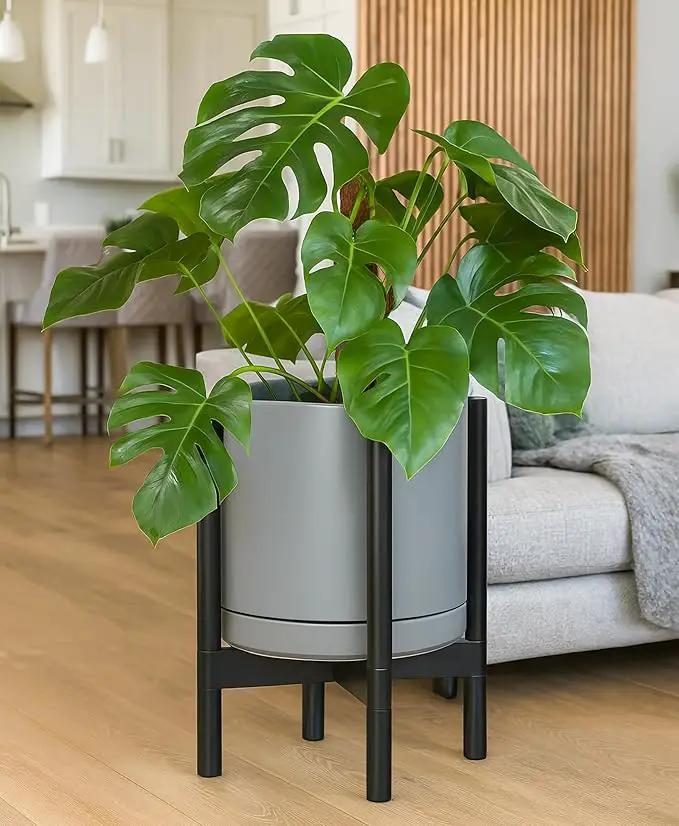 D'vine Dev Ceramic Planter with Ebony Stand - 12 Inch Modern Round Flower Pot with Wood Planter Holder, Grey, 55-B-H-3 by GreenHaven Gardens