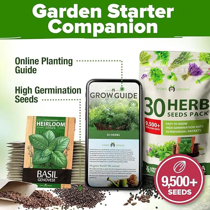 HOME GROWN 30 Herb Seeds for Planting 9,500+ Non-GMO Heirloom Seeds | Extra Large Variety Pack Herb Kit – Indoor Outdoor & Hydroponic | Culinary Seed Set | Grow Your Own Herbs | Gardening Gift by GreenHaven Gardens