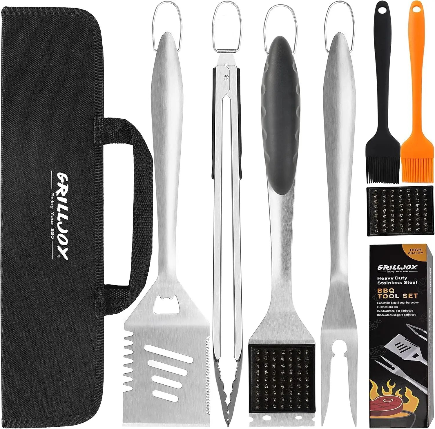 grilljoy 8PCS BBQ Grill Tools Set with Extra Thick Stainless Steel Spatula, Fork, Tongs & Cleaning Brush - Complete Barbecue Accessories Kit with Portable Bag - Perfect Grill Gifts for Men Black by GreenHaven Gardens