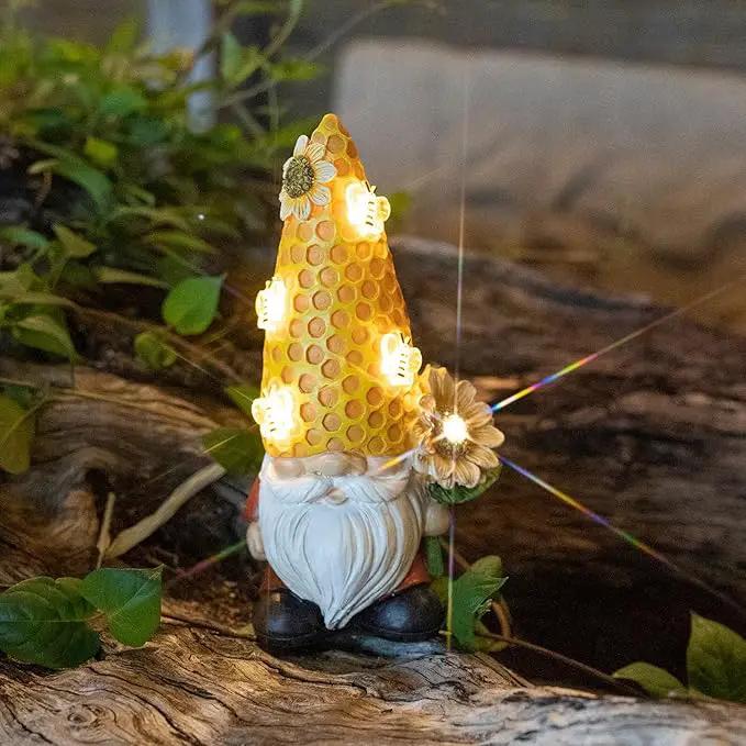 Garden Gnome Statue Solar Powered with Glowing Bees Sunflower Outdoor Funny Resin Figurine Decorations for Patio Yard Lawn Porch Housewarming Ornament Gift by GreenHaven Gardens