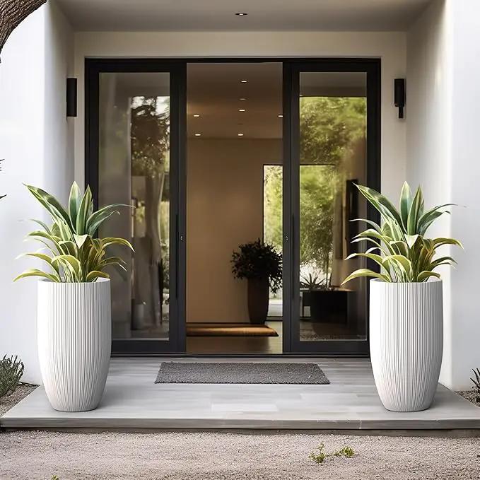 Kante 24 Inch Tall Round Concrete Planter, Large Indoor Outdoor Plant Pots with Drainage Hole and Rubber Plug, Modern Decorative Garden Pots for Home Patio Porch, Textured White by GreenHaven Gardens