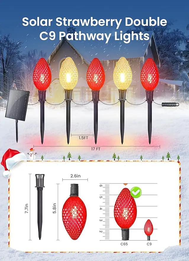 Minetom Solar Double C9 Strawberry Christmas Pathway Lights Outdoor -16FT 10 LED C9 Christmas Lights Outdoor with Timer,8 Modes,Solar Christmas Outdoor Decorations for Lawn Outside, Red & Warm White by GreenHaven Gardens