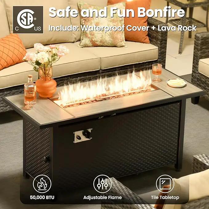 ovios 8 Pieces Patio Furniture Set with 54" Fire Pit Table, Outdoor Wicker Sofa with Comfy Cushions, All Weather High Back Rattan Couch Conversation Set, Beige by GreenHaven Gardens
