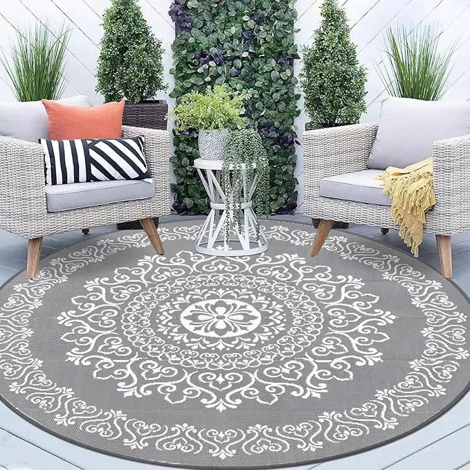 Pauwer Waterproof Outdoor Rug 8ft, Reversible Plastic Straw Patio Camping Rug, Indoor Outdoor RV Mat Carpet for Deck, Camper, Porch, Balcony, Backyard, Picnic, Floral Grey by GreenHaven Gardens