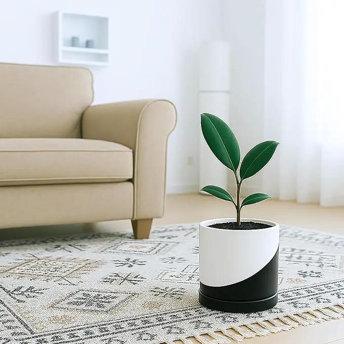 D'vine Dev 6.5 Inch Ceramic Planter Pot with Drainage Hole and Saucer, Indoor Cylinder Round Planter Pot, Oblique Monochrome Black and White, 94-O-C-K by GreenHaven Gardens
