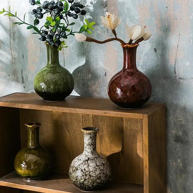 JOJUNO Glazed Rustic Bud Vase Set of 4 - Small Ceramic Mini Pottery Vases in White, Yellow, Green, Red - Ideal for Fresh & Dried Flowers - Modern Farmhouse Décor for Living Room, Shelves, Dining Table by GreenHaven Gardens