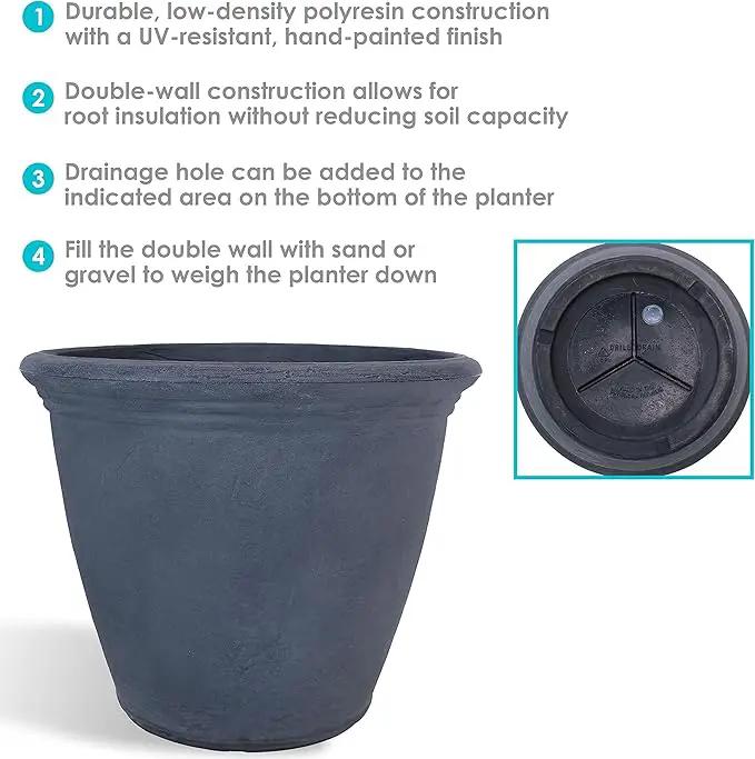 Sunnydaze 20-Inch Anjelica Large Plastic Pot for Plants - Outdoor Polyresin Round Planter with Drillable Drainage Holes - Slate - 2pk by GreenHaven Gardens