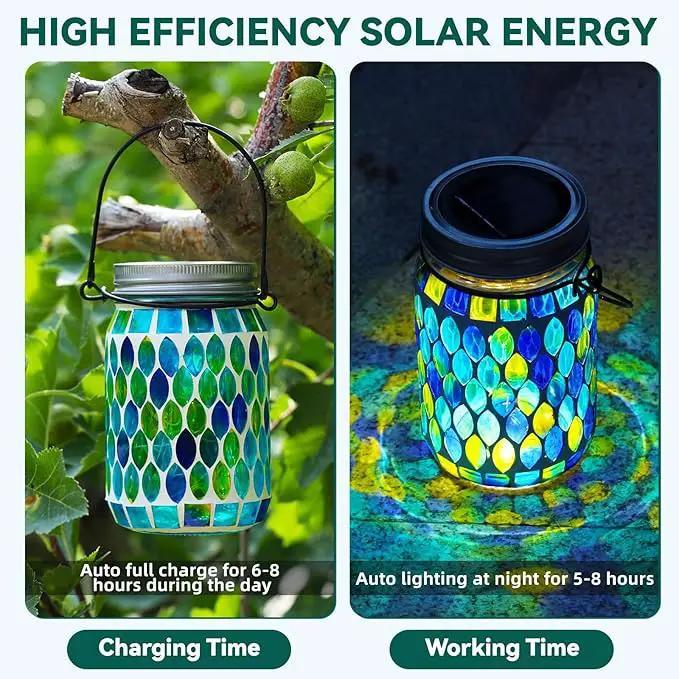 VOREEN 2 Pack Mosaic Solar Lanterns, Outdoor Glass Hanging Lights, Solar Table Lamps, Waterproof Night Lights, Jar Lights Easter Gifts, Decoration for Garden, Patio, Yard, Balcony, Blue&Red by GreenHaven Gardens