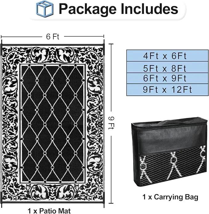OutdoorLines Indoor Outdoor Rugs for Patio 6x9 ft - Reversible Outside Carpet, Stain & UV Resistant Portable RV Mats, Plastic Straw Rug for Camping, Pool Deck, Porch Rhombus Black & White by GreenHaven Gardens