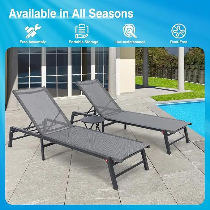 Aluminum Chaise Lounge Chair Outdoor, Foldable Patio Lounge Chair 2 Sets with Table Assemble-Free, Pool Lounge Chairs with 5 Adjustable Backrest, Outdoor Lounge Chairs for Outside Poolside Beige by GreenHaven Gardens