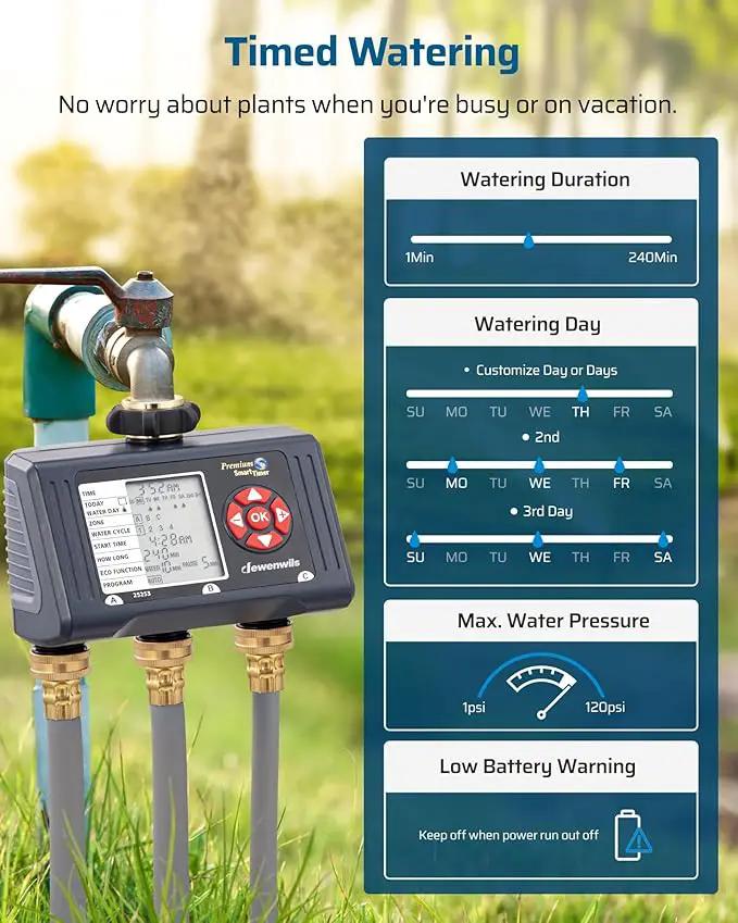 DEWENWILS Sprinkler Timer 3 Zone, Water Hose Garden Irrigation Timer with 4 Programmable Procedure and Low Battery Warning, Repeat Watering over Period, Faucet Controller with Rain Delay Mode for Lawn by GreenHaven Gardens