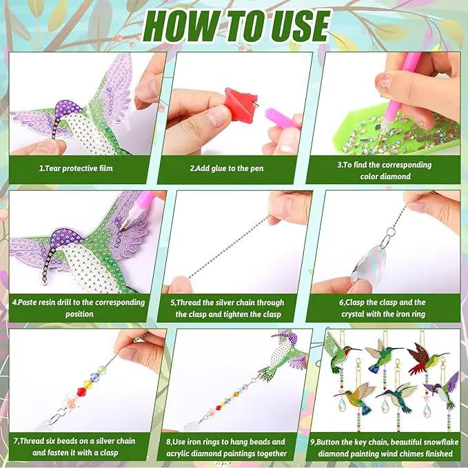 Tradder 6 Pcs Diamond Art Kits 5d Rhinestone Painting Wind Chimes Art Sun Catchers Double Sided Hummingbird Birds Art Kits with Crystal Pendant for Adults Home Window Decor Garden by GreenHaven Gardens