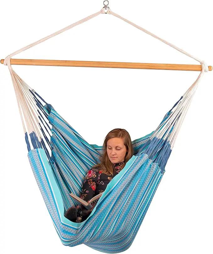 LA SIESTA Habana Hammock Chair, Indoor or Outdoor, Ideal for Sitting or Lying Down, Cotton Hammock, Patio, Swinging Chair, Boho, Max 355 Lbs, King, Azure by GreenHaven Gardens