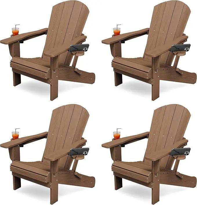 KINGYES Folding Adirondack Chair Set of 4, Dual Cup Holders & All-Weather HDPE, Wood-Like Patio Chair for Backyard, Camping, Pool & Fire Pit, Brown by GreenHaven Gardens